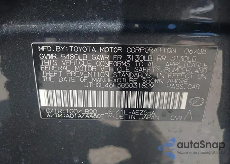 2008 Lexus Ls 460 L from USA, damaged, VIN JTHGL46F385031829